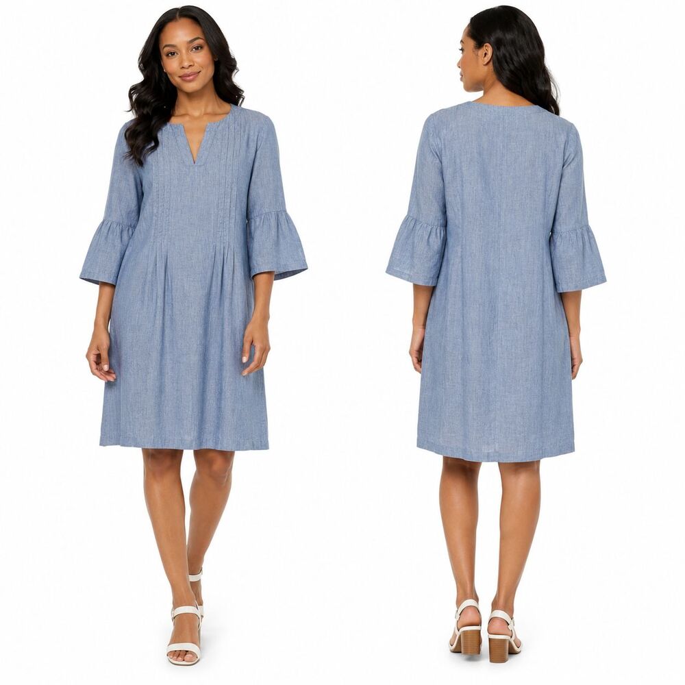 J. Jill Love Linen Dress Blue 100% Linen Bell Sleeve Shift Women Large w/Pockets